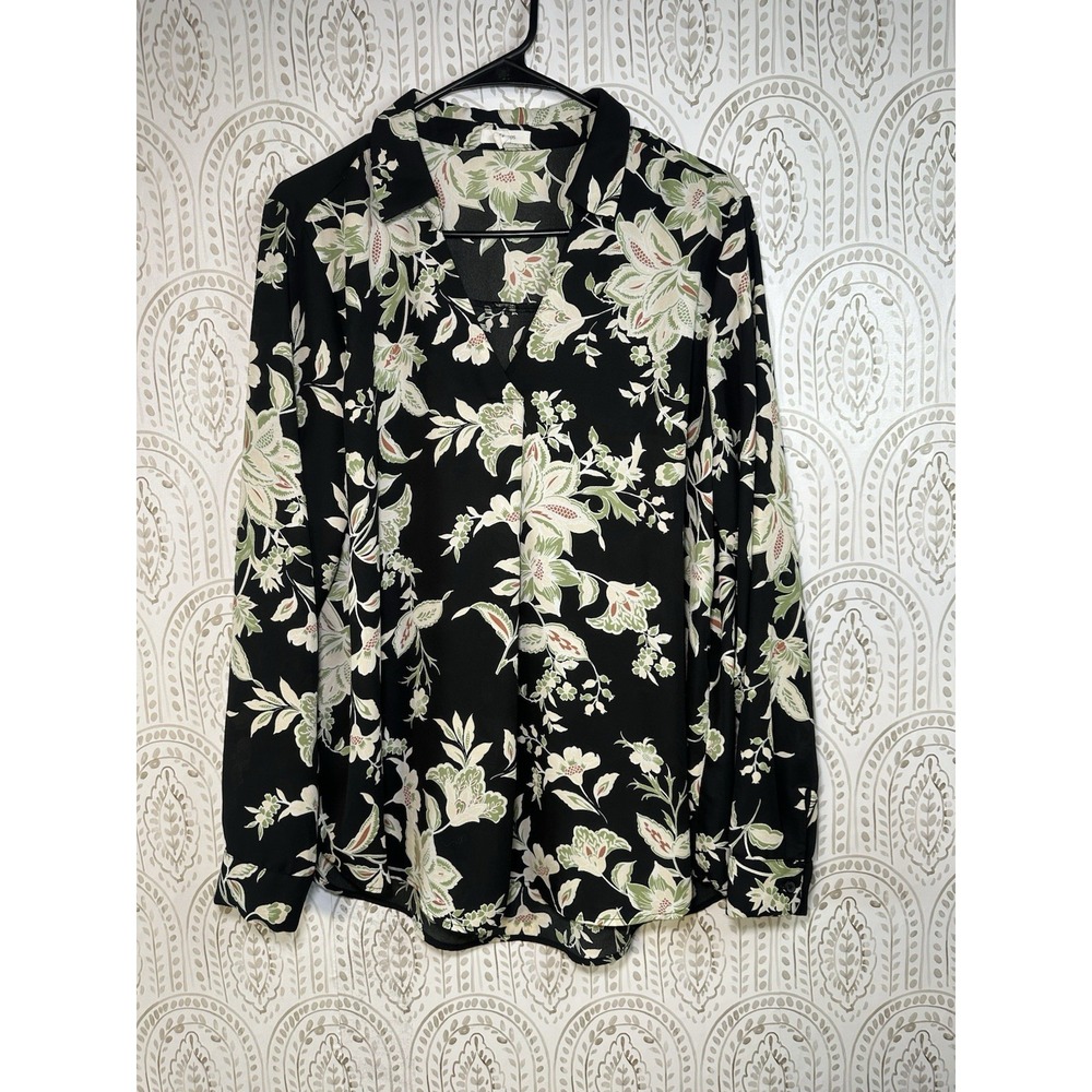 MAURICES Atwood Pleated Floral‎ Blouse Black Cream Beige Long Sleeve Womens XL